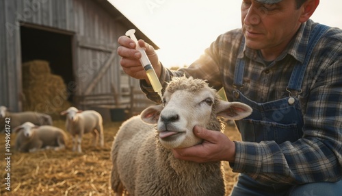 Farmer Administering Oral Medication to a Sheep on a Farm.