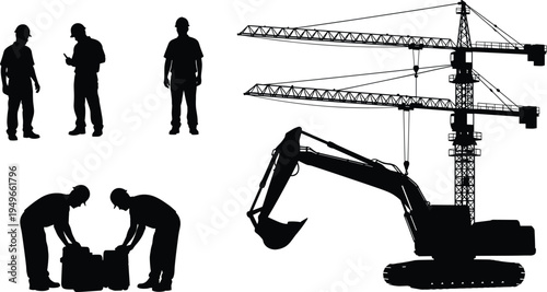 Construction worker and machinery silhouettes with tower cranes excavator and builders handling equipment industrial engineering building industry concept isolated background