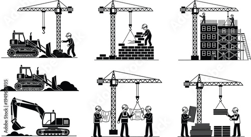 Construction worker icon set with tower crane excavator bulldozer engineers building structure reading blueprints and lifting materials industrial construction process illustration isolated