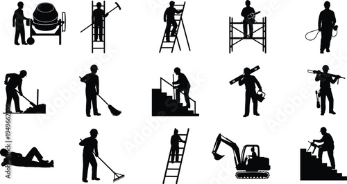 Construction worker silhouettes set with ladder scaffolding cement mixer excavator and manual labor tools industrial building maintenance workforce concept isolated