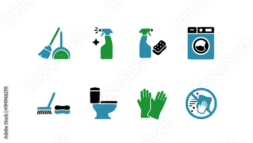 Flat icons representing cleaning tools, hygiene equipment, and household maintenance items.