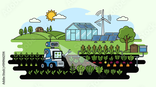 Smart Farming Technology with Solar Panels Wind Turbines Agricultural Robot and Sustainable Agriculture