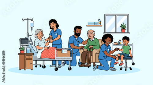 Healthcare Workers Caring for Elderly Patients in Hospital Medical Support and Nursing Care Scene