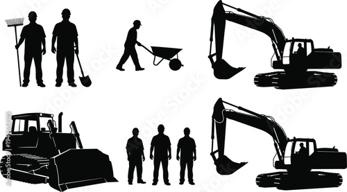 Construction worker silhouettes with excavator bulldozer wheelbarrow and manual labor tools heavy machinery building industry workforce concept isolated on white background