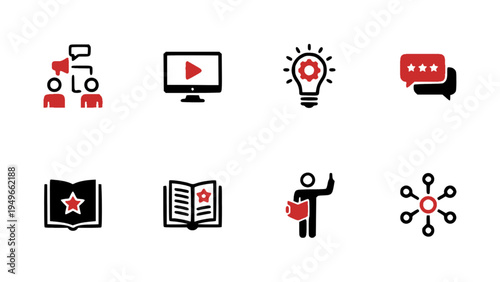 Modern icons representing online learning, digital education, presentation, and knowledge sharing.