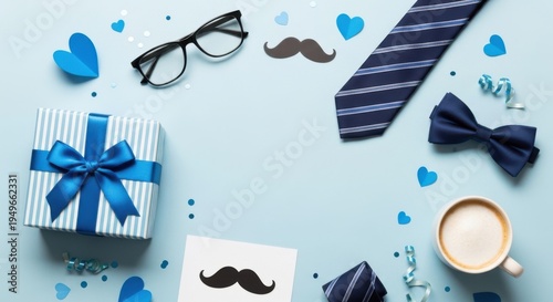 Father's day gift flat lay with tie, bowtie, coffee and present, fathers day