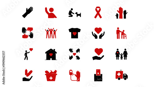 Icons representing charity, social support, healthcare awareness, and community assistance.