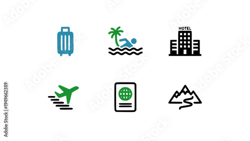 Flat vector icons representing travel destinations, airplane flights, hotels, beaches, and tourism activities.