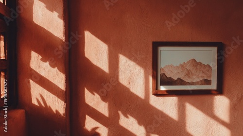 Terracotta wall with light shadows and framed artwork