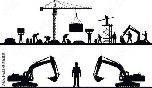 Construction workers silhouette scene with tower crane excavators and builders at industrial building site representing teamwork heavy machinery infrastructure development industry concept skyline