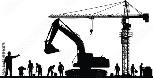 Construction workers silhouette with excavator and tower crane operating heavy machinery on building site industrial engineering infrastructure development teamwork concept isolated
