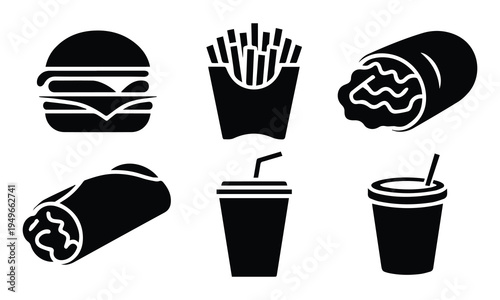 On-the-go meal icons: burgers, burritos, fries, and drinks for quick service restaurants