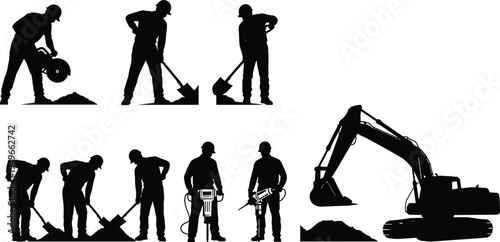 Construction workers silhouettes with shovel jackhammer cutter and excavator illustrating manual labor heavy machinery civil engineering infrastructure development industrial construction site concept