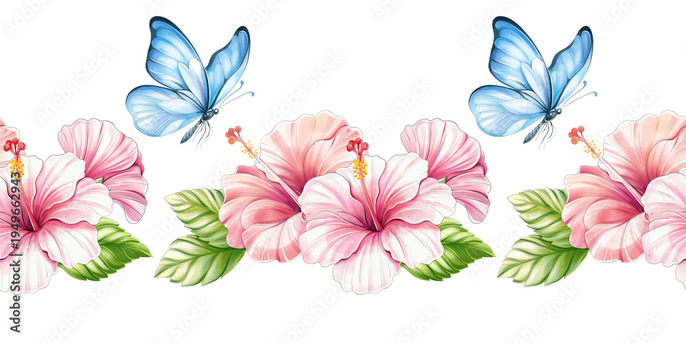 Obraz premium Seamless hibiscus border with blue butterfly watercolor clipart isolated
