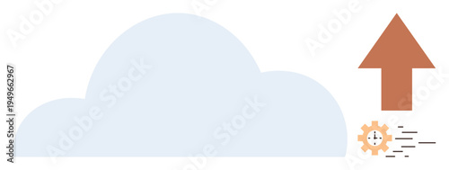 Data transfer, cloud upload, digital storage, application syncing, file sharing, data migration. Large cloud icon with an upward arrow and gear. Data transfer and cloud upload concept