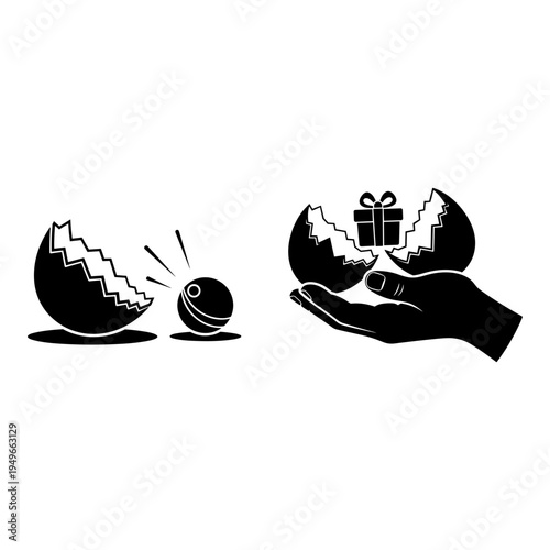 Easter egg surprise revealing a gift and a cracked egg with its yolk rolling out Vector, illustration