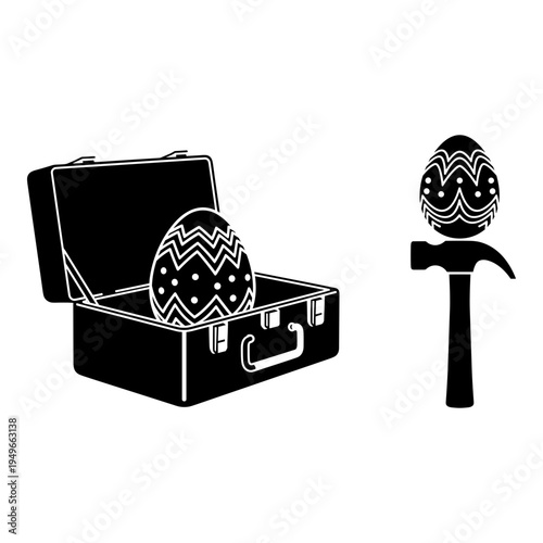 Decorative easter egg in an open suitcase and on a hammer Vector, illustration