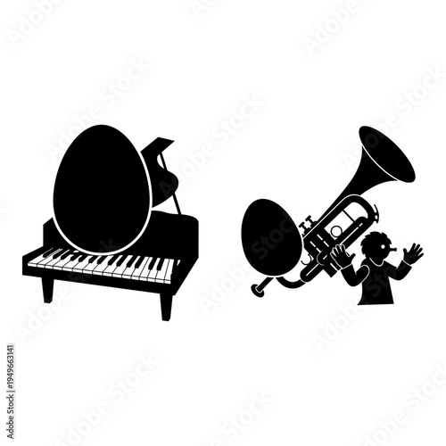 Whimsical illustration of a pianist and a trumpeter with oversized instruments Vector, illustration