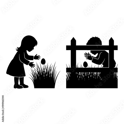 A child and a shadowy figure both holding eggs in a garden setting Vector, illustration