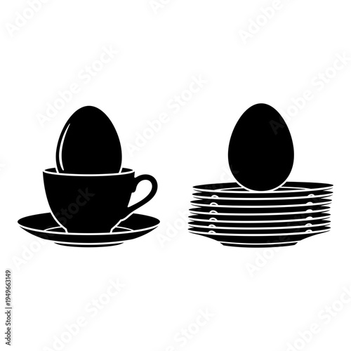 Eggs balanced on a cup and a stack of plates in a surreal illustration Vector, illustration