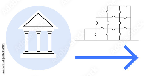 Government concept. Government structure icon with pillars, puzzle pieces integration, and arrow progress. Government reforms, public services, strategy development. For civic planning, policy making