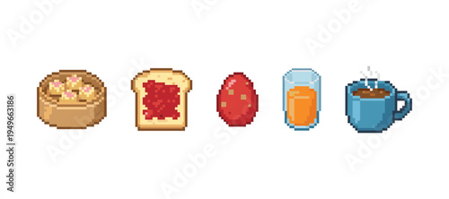 Assorted breakfast food and drink icons in a charming pixel art style featuring dim sum toast egg juice and hot coffee cup for menu design