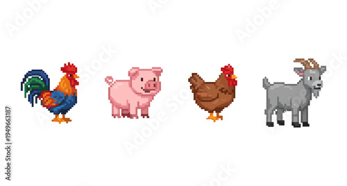 Set of farm animal icons in a retro pixel art style featuring rooster pig hen and goat isolated on a white background for educational or game use