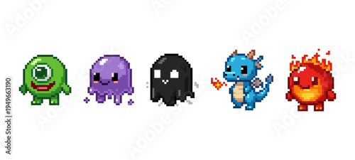 Collection of fantasy game character and creature icons in a colorful pixel art style including monsters ghosts and a small dragon for rpg game design