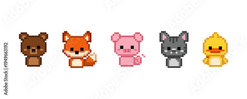 Set of cute animal head portraits in a simple pixel art style featuring bear fox pig cat and duck isolated on a white background for character design