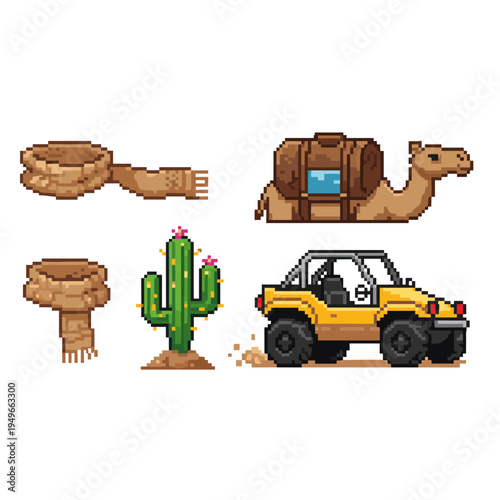 Desert adventure themed pixel art set featuring warm clothing scarf camel with saddle cactus and an off road all terrain vehicle for travel concept
