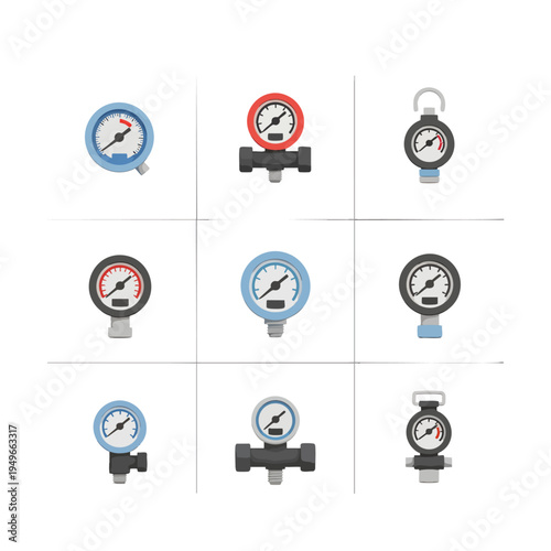 Group of Analog Pressure Gauges with Dials and Meters.