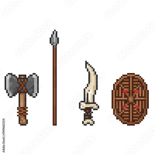Ancient medieval fantasy weapon and defensive gear set in pixel art style isolated on white background for game design and historical warrior character equipment