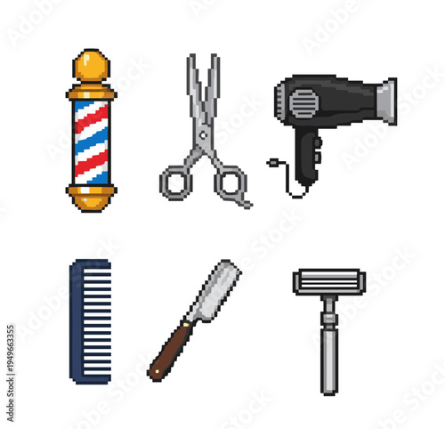 Classic barber tools and gentleman grooming equipment collection in pixel art style isolated on white background for traditional male salon and haircare services