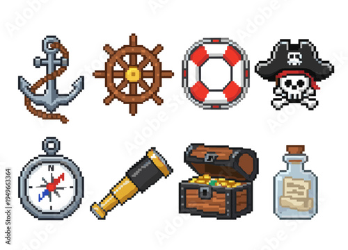 Set of pirate themed pixel art icons featuring nautical elements, treasure chest, captain hat, spyglass and compass for game development