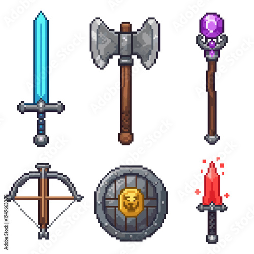 Fantasy role playing game equipment and weapon icons in pixel art style including sword, axe, magic staff, crossbow and shield items