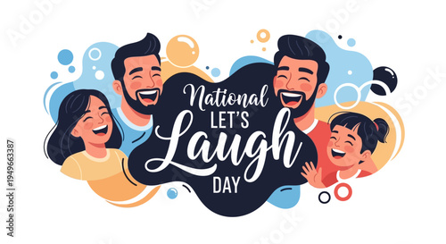 Illustration of diverse people laughing together on National Let's Laugh Day with colorful design elements and joyful expressions.