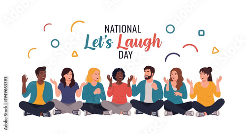 Illustration of diverse group of people laughing together on National Let's Laugh Day with colorful confetti and ribbons, conveying joy and happiness in a vibrant and playful design.