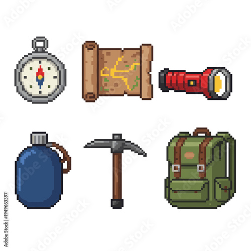 Adventure and outdoor exploration gear icons in pixel art style featuring navigational tools, camping equipment and expedition supplies