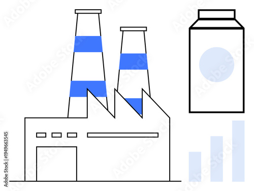 Industrial manufacturing. Factory with chimneys production, a product package goods, and bar graphs potential economic growth. For production, packaging, economy, business, and data analysis