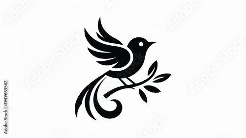 A black silhouette of a bird takes flight from a branch.