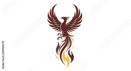 Stylized phoenix illustration with wings raised and flame detail on white