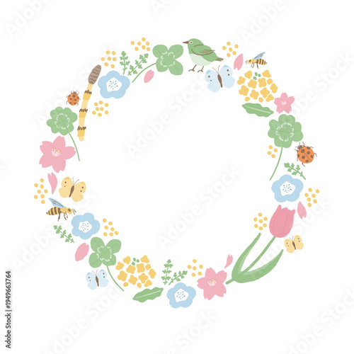 Spring Floral Wreath Frame with Leaves and Wild Flowers