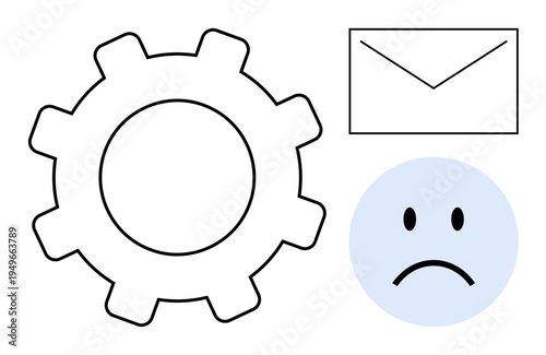 Communication concept. Gear systems and process, email icon digital messaging, and sad face expressing emotion. Communication and emotions in technology, business, social media, and user feedback