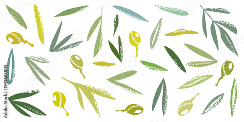 Vector drawing of grunge olives and leaves, isolated on a white background
