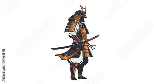 Stylized samurai illustration in armor silhouette on white background
