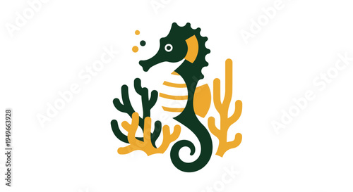 Stylized seahorse illustration with coral against a clean white background