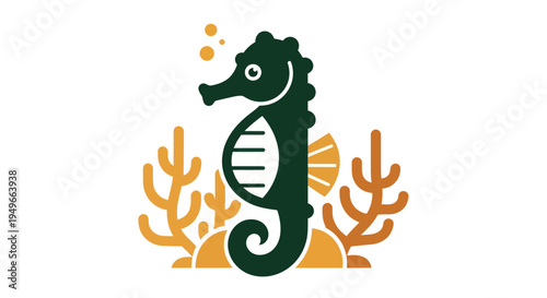 Stylized seahorse illustration with coral reef elements on white background