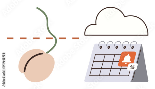 Agricultural planning, seed growth, cloud storage, productivity tools, farming schedules, reminders. A seedling and a calendar with cloud and notification icons. Agricultural planning and seed growth