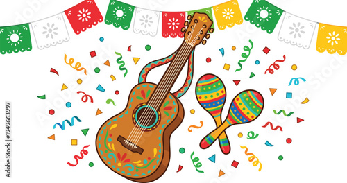 A vibrant illustration of a Mexican guitar and maracas adorned with colorful confetti and festive banners, perfect for celebrating cultural events and music festivals