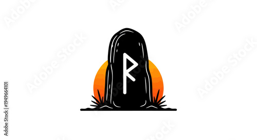Stylized stone with rune and sun graphic for design and decorative purposes